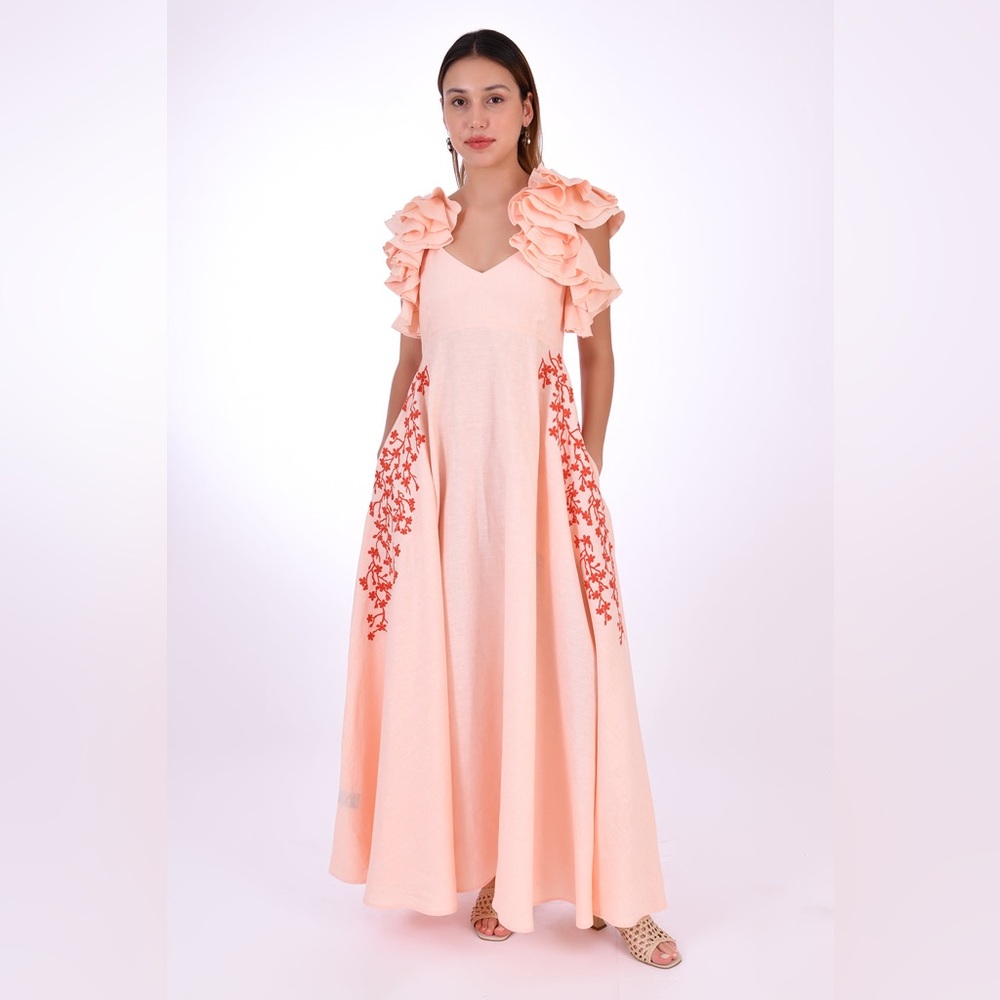 NWT Fanm Mon Essen Marassa Maxi Dress size XL in Peach Ruffle embroidered
